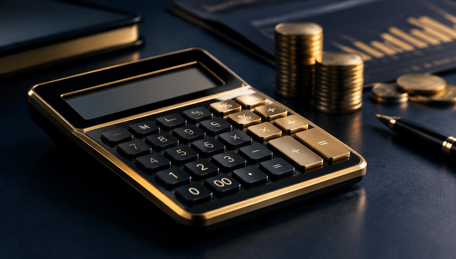 Calculadora financeira sobre mesa em ambiente corporativo